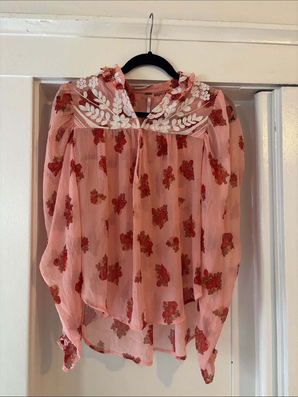 Free People Pink Sheer Floral Blouse with White Embroidered Yoke